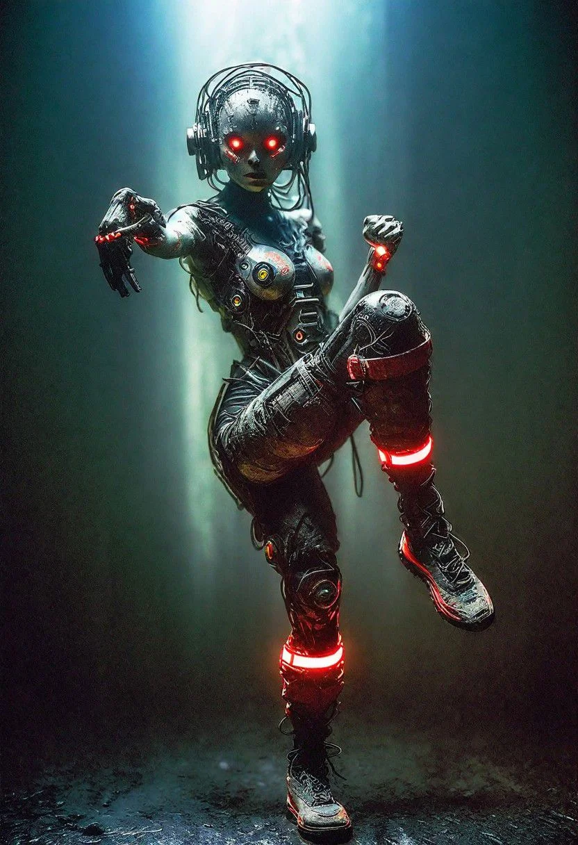 Closeup Portrait, a neon cyborg space-age fight stance Martial arts fighter, knee up , fists Up, enhancing her body with old Matte black weathered cyborg technology, Underground Lot, Dimmed light foggy
 very detailed, atmospheric haze, Film grain, cinematic film still, shallow depth of field, highly detailed, high budget, cinemascope, moody, epic, OverallDetail, gorgeous, 2000s vintage RAW photo, photorealistic, candid camera, color graded cinematic, eye catchlights, atmospheric lighting, skin pores, imperfections, natural, shallow dof