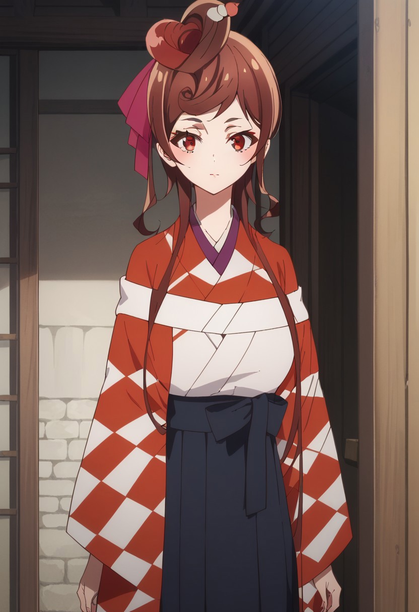 score_9, score_8_up, score_7_up, source_anime, highly detailed, 
yugiri, 1girl, japanese clothes, solo, brown hair, kimono, red eyes, pantyhose, hair ornament, skirt, food-themed hair ornament, wide sleeves, 
standing, looking at viewer, long hair, hair ribbon, upper body,
outdoor,