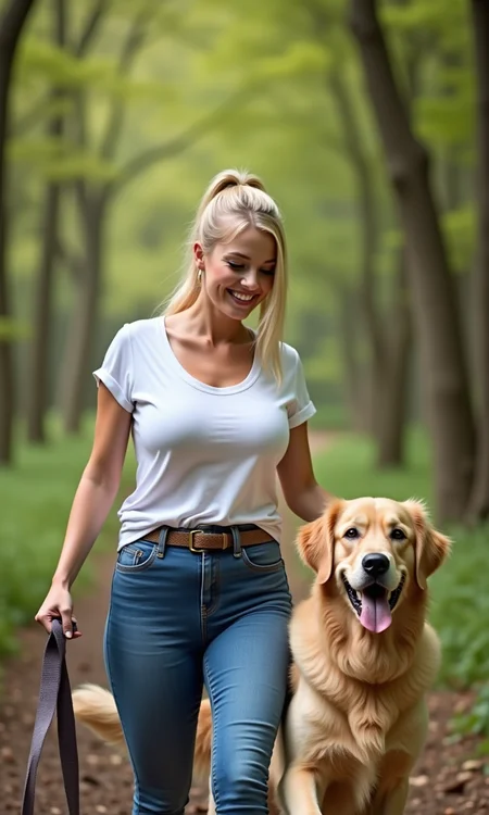 A young blonde woman walking her golden retriever in a serene forest, wearing a white t-shirt and fitted blue jeans, her hair tied back in a ponytail, with a few loose strands framing her bright smile, as she gazes down at her dog while holding the leash with a relaxed grip.