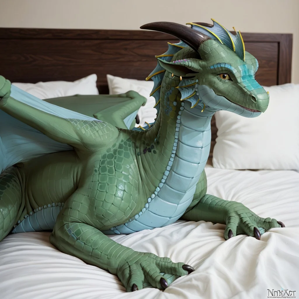 core_9, score_8_up, score_7_up, score_6_up, masterpiece, high quality, realistic, detailed, best quality, 1girl, solo, rating_safe, source_furry, bedroom, smiling, seductive, looking at viewer, lying on bed, negative_hand, lying on bed, Nixi_tdr, dragon, green scales, spotted body, yellow eyes, head fins, tail, scales, claws, feral, female, black horns, wings