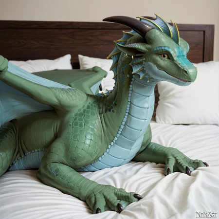 core_9, score_8_up, score_7_up, score_6_up, masterpiece, high quality, realistic, detailed, best quality, 1girl, solo, rating_safe, source_furry, bedroom, smiling, seductive, looking at viewer, lying on bed, negative_hand, lying on bed, Nixi_tdr, dragon, green scales, spotted body, yellow eyes, head fins, tail, scales, claws, feral, female, black horns, wings