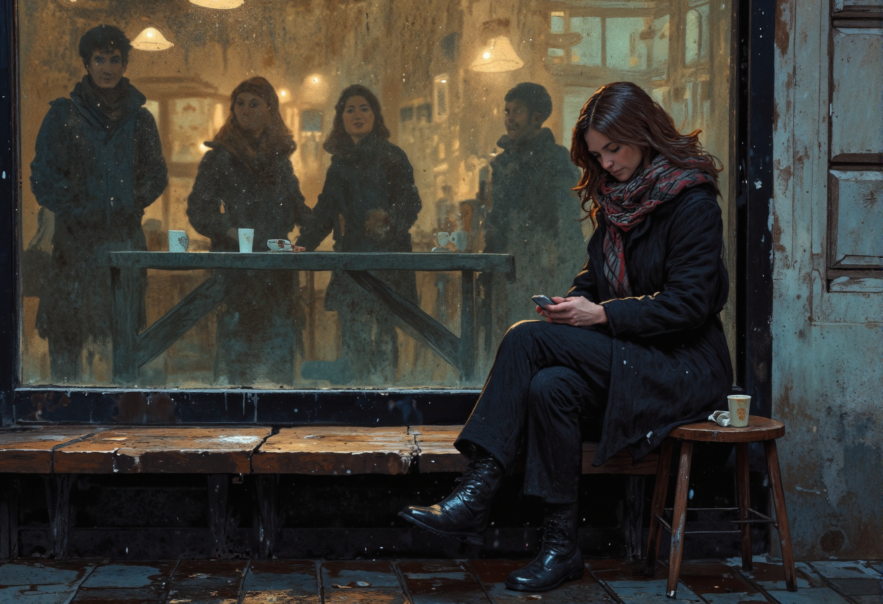 a moody urban scene outside a café on a cold, rainy day. A sad woman with wavy brown hair sits on a wooden bench, wrapped in a long dark coat and a plaid scarf. She checks her phone, her legs crossed, and her black boots resting on the ground. A small cup of coffee sits on a stool beside her. The large glass window behind her is fogged up and streaked with condensation, revealing blurred silhouettes of café patrons inside, their faces distorted by the moisture. Raindrops lightly drizzle, adding to the melancholic and introspective atmosphere, with muted tones and soft lighting.

