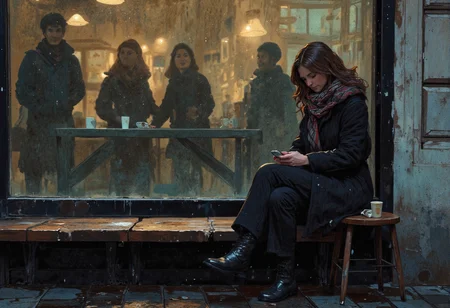 a moody urban scene outside a café on a cold, rainy day. A sad woman with wavy brown hair sits on a wooden bench, wrapped in a long dark coat and a plaid scarf. She checks her phone, her legs crossed, and her black boots resting on the ground. A small cup of coffee sits on a stool beside her. The large glass window behind her is fogged up and streaked with condensation, revealing blurred silhouettes of café patrons inside, their faces distorted by the moisture. Raindrops lightly drizzle, adding to the melancholic and introspective atmosphere, with muted tones and soft lighting.

