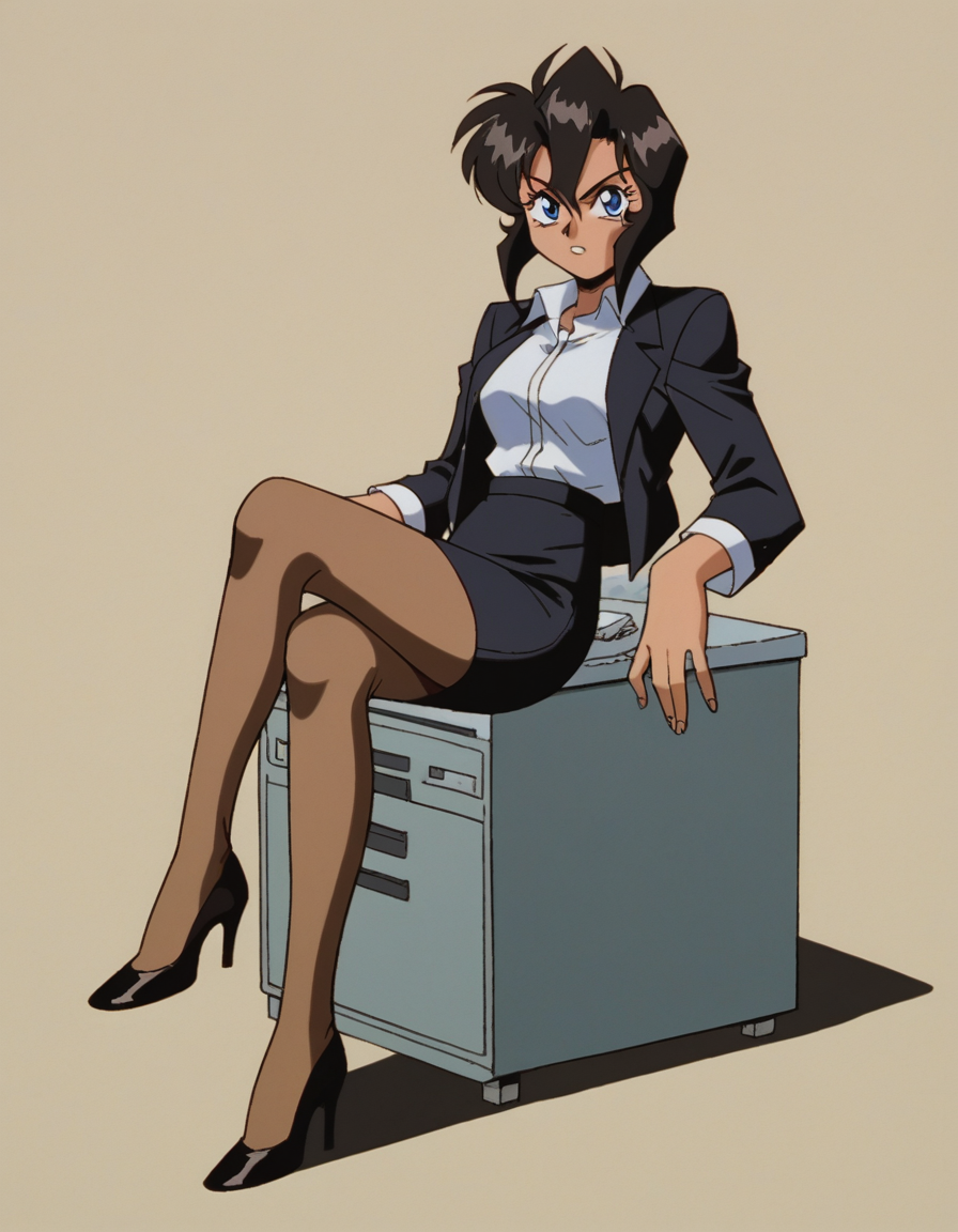 zPDXL, score_9, score_8_up, score_7_up, source_anime, 8k, absurdres, 1990s \(style\), retro artstyle, anime coloring, 
1girl, solo, <lora:Gunsmith_v3-20:1> gnsmth, rally, dark-skinned female, black hair, blue eyes, short hair, black jacket, office lady, pencil skirt, black skirt, pantyhose, high heels, looking at viewer,