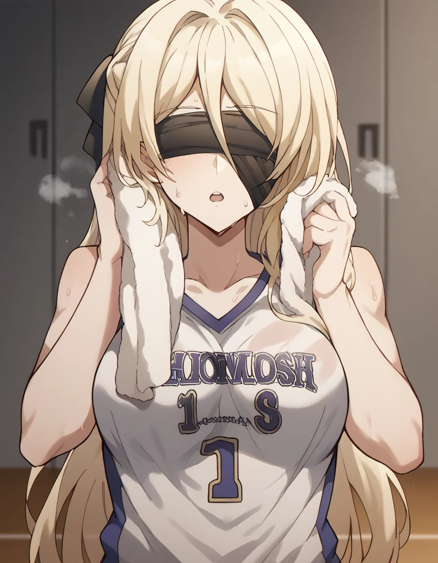 score_9, score_8_up, score_7_up, source_anime, <lora:sword-maiden-s2-ponyxl-lora-nochekaiser:1>, sword maiden, long hair, bangs, blonde hair, blindfold, covered eyes, black blindfold, large breasts, <lora:basketball-uniform-ponyxl-lora-nochekaiser:1> basketball uniform, basketball jersery, sportswear, jersey, shorts, sleeveless,, audience, gym, sweat, open mouth, steam, <lora:wiping-towel-ponyxl-lora-nochekaiser:1> wiping sweat, towel, holding, sweat, holding towel, looking at viewer, open mouth,, cowboy shot,