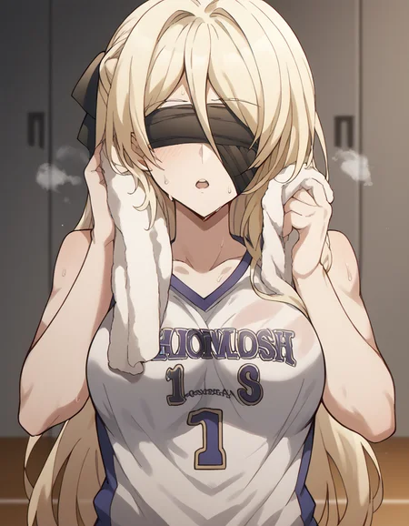 score_9, score_8_up, score_7_up, source_anime, <lora:sword-maiden-s2-ponyxl-lora-nochekaiser:1>, sword maiden, long hair, bangs, blonde hair, blindfold, covered eyes, black blindfold, large breasts, <lora:basketball-uniform-ponyxl-lora-nochekaiser:1> basketball uniform, basketball jersery, sportswear, jersey, shorts, sleeveless,, audience, gym, sweat, open mouth, steam, <lora:wiping-towel-ponyxl-lora-nochekaiser:1> wiping sweat, towel, holding, sweat, holding towel, looking at viewer, open mouth,, cowboy shot,