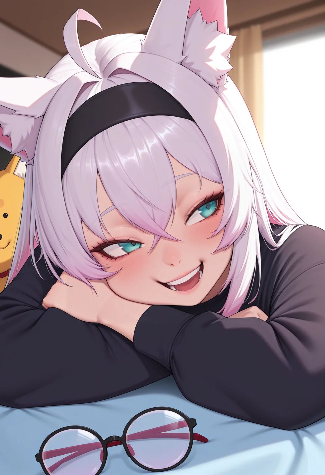 <lora:b0akm_mix-000010:1>,B0AKM_MIX, masterpiece, absurdres,amazing quality, best quality, extremely detailed, 1girl, ahoge,animal ear fluff,animal ears,aqua eyes,black hairband,black shirt,blurry,blurry background,blush,cheek press,close-up,crossed arms,depth of field,fox ears,fox girl,hairband,head rest,holding,holding removed eyewear,long sleeves,looking to the side,open mouth,portrait,shirt,smile,solo,stuffed fox,teeth,tongue,unworn eyewear,white hair
