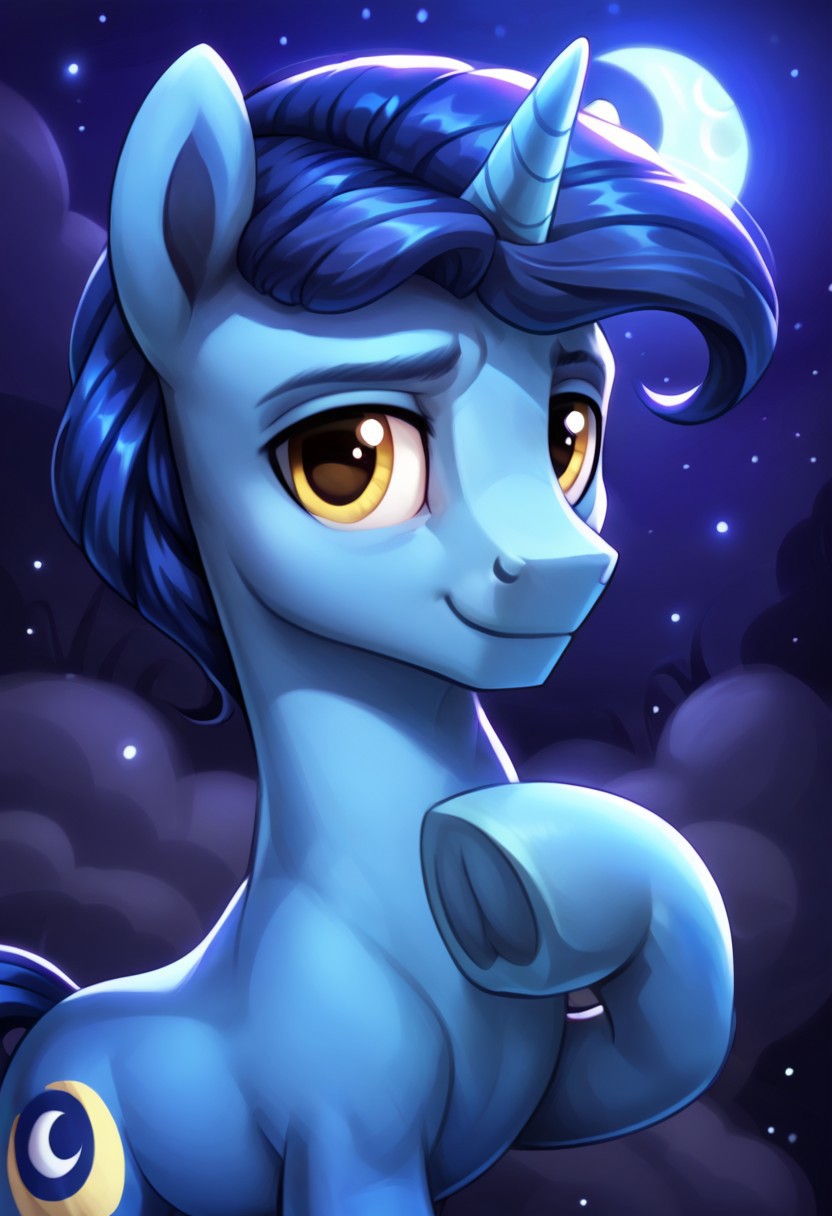 score_9, score_8_up, score_7_up, score_6_up, score_5_up, score_4_up, my little pony, ((feral pony)), ((NIGHT LIGHT)), 1MAN, ((solo)), (sexy), beautiful, detailed, (detailed cute pony face), detailed GOLDEN eyes, detailed DARK BLUE fur, ((Beautiful UNICORN pony:1.5)), beautiful, vector, (beautiful dark blue short hair), (looking at you), calm smile, (((blue starry night sky))), blue crescent moon, ((front view)), MUSCULAR STALLION, muscles, blue clouds,