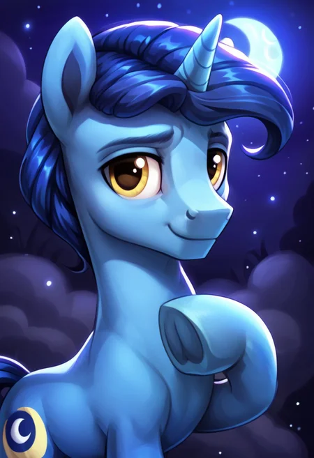 score_9, score_8_up, score_7_up, score_6_up, score_5_up, score_4_up, my little pony, ((feral pony)), ((NIGHT LIGHT)), 1MAN, ((solo)), (sexy), beautiful, detailed, (detailed cute pony face), detailed GOLDEN eyes, detailed DARK BLUE fur, ((Beautiful UNICORN pony:1.5)), beautiful, vector, (beautiful dark blue short hair), (looking at you), calm smile, (((blue starry night sky))), blue crescent moon, ((front view)), MUSCULAR STALLION, muscles, blue clouds,