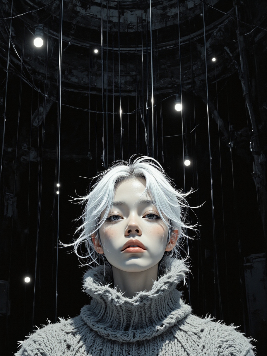 a hyper-realistic painting featuring a young man standing against a dark, abstract background, he is facing slightly to the left, he is wearing a large, fur-like coat that appears to be made of a wool, the coat has a high collar and long sleeves, and it is slightly open at the front, revealing his white pectorals, the man's head is obscured by thin, whte snow lines, creating a sense of depth and dimension, the background is dominated by a series of vertical, horizontal lines that appear to be suspended or suspended from the ceiling, adding an ethereal, almost surreal quality to the image, the overall composition is monochromatic, with the figure standing out against the dark backdrop and the stark contrast between the figure's figure and the background