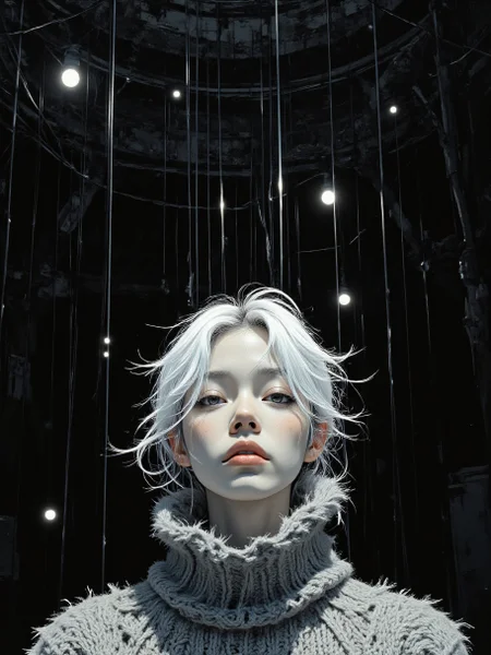 a hyper-realistic painting featuring a young man standing against a dark, abstract background, he is facing slightly to the left, he is wearing a large, fur-like coat that appears to be made of a wool, the coat has a high collar and long sleeves, and it is slightly open at the front, revealing his white pectorals, the man's head is obscured by thin, whte snow lines, creating a sense of depth and dimension, the background is dominated by a series of vertical, horizontal lines that appear to be suspended or suspended from the ceiling, adding an ethereal, almost surreal quality to the image, the overall composition is monochromatic, with the figure standing out against the dark backdrop and the stark contrast between the figure's figure and the background