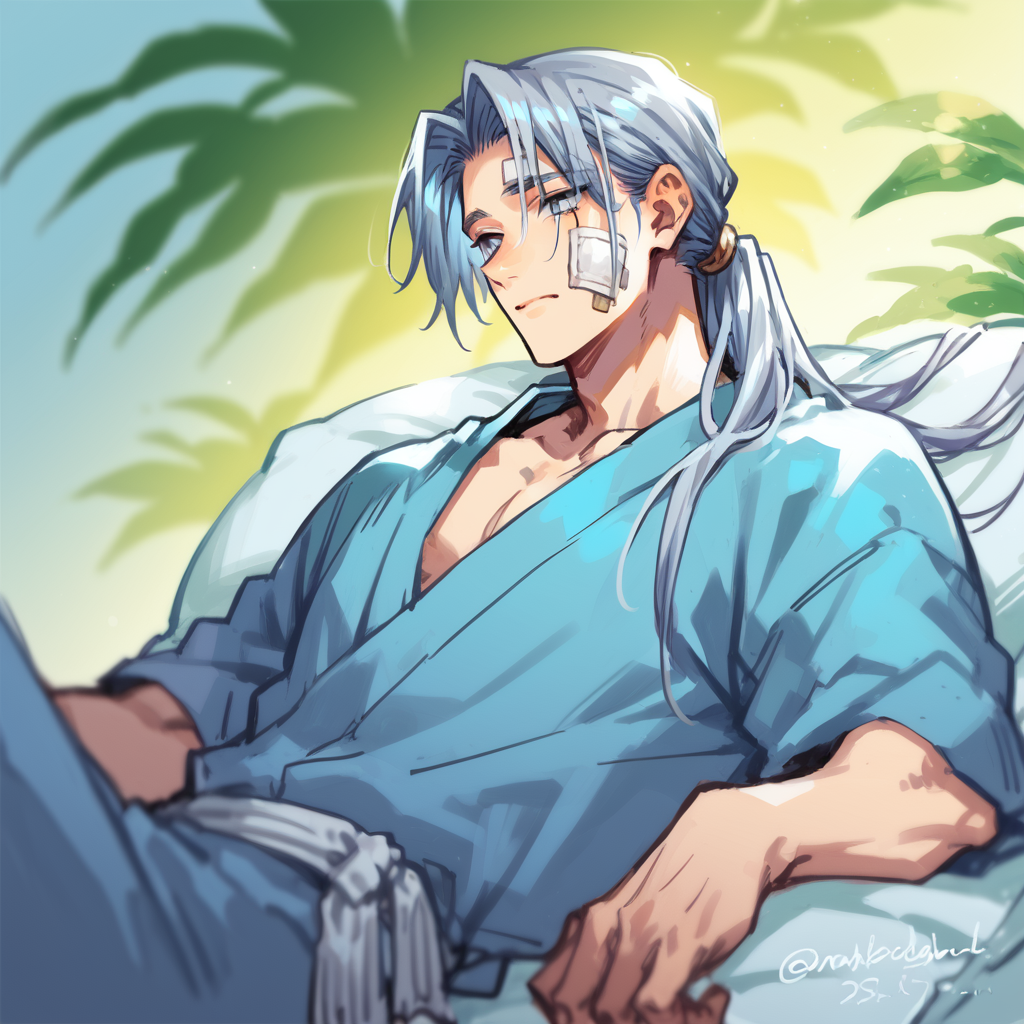 shin natsume, tenjo tenge, ah1, 1boy, long hair, gray hair, parted bangs, score_9, score_8_up, score_7_up, score_6_up, source_anime, hospital gown, bandage on face, <lora:Shin_Natsume_from_Tenjo_Tenge:0.8>, (Reclining), (a vibrant enchanted garden, with colorful blooms, radiant sunlight, gentle breezes, sparkling water features), gray eye, sad,