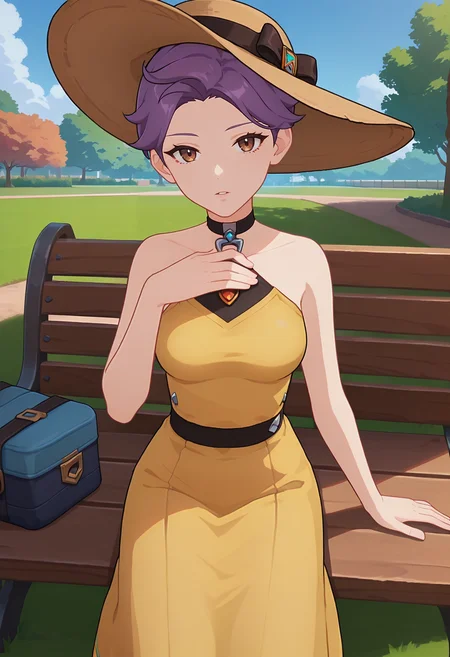score_9, score_8_up, score_7_up, anime screencap, source_anime, 1girl, solo,
<lora:Doopey_Dazzler_Genshin_Impact_V1:.85>, KJOdazzler, purple hair, brown eyes, short hair,
sundress, bare shoulders, sun hat,
sitting on bench, looking at viewer, expressionless, parted lips, looking at viewer, hand on chest, head tilt,
park, grass, trees, daytime,
(Beautiful, medium Breasts:1.2), natural breasts,