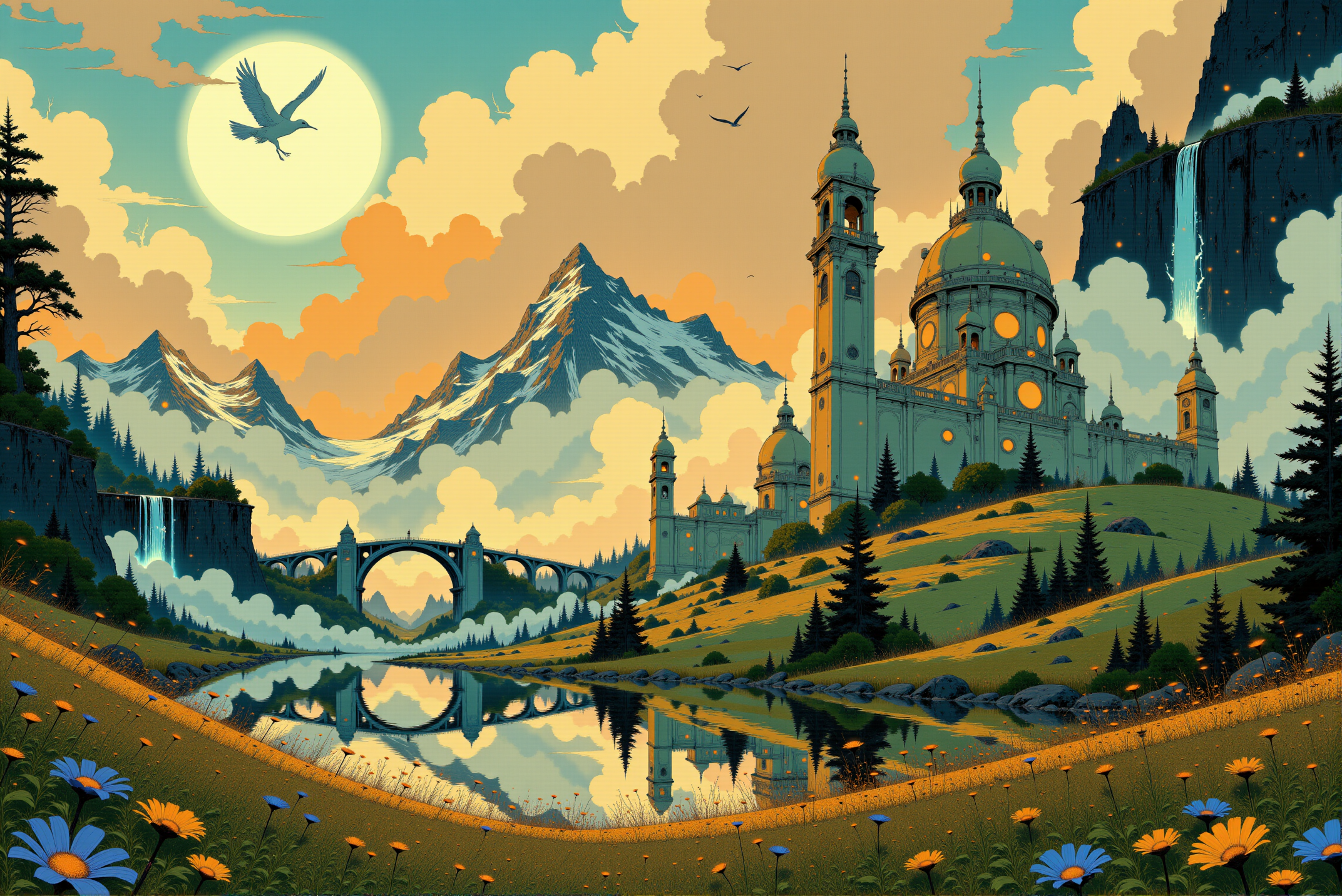 <lora:Fancha_style_v.5:0.99> Fancha style. A highly detailed, stylized illustration portrays a breathtaking, sunlit kingdom nestled at the base of towering, jagged mountains. The landscape is alive with dramatic contrasts, as the glowing hues of a fiery sunset bathe the grand architecture and natural surroundings in warm tones of gold, orange, and amber. Rising proudly above the sprawling city is an opulent palace, its intricate domes and spires glinting in the fading light. The palace's ivory walls and golden details convey a sense of regal splendor, standing as the centerpiece of this majestic realm. The city stretches outward, composed of elegant towers, fortified walls, and ornate arches that extend across a tranquil river via a grand stone bridge. Waterfalls cascade from the cliffs in the background, their mist mingling with low-hanging clouds, lending the scene an ethereal quality. The verdant foreground is adorned with wildflowers in vibrant shades of blue, purple, and white, which frame the view of the calm, reflective river that glows with the soft, molten colors of the sunset. Distant peaks capped with snow loom over the kingdom, their rugged silhouettes stark against the luminous sky. On the horizon, scattered flocks of birds drift gracefully, adding motion to the otherwise serene tableau. The atmosphere conveys a harmonious blend of grandeur and peace, evoking a sense of both awe and tranquility as the kingdom basks in the fading light of a perfect day.