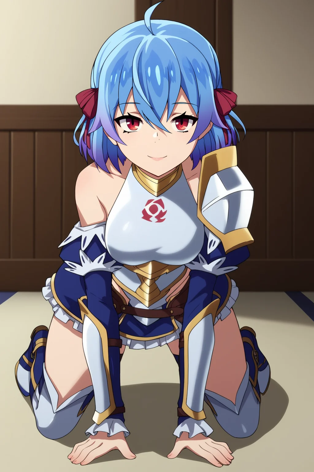 score_9, score_8_up, score_7_up, score_6_up, BREAK, RutiBHPXL, red eyes, blue hair, purple hair, gradient hair, short hair, hair ribbon, red ribbon, ahoge, hair between eyes, medium breasts, white armor, breastplate, detached sleeves, blue sleeves, single pauldron, hip armor, blue skirt, white thigh boots, solo, full body, all fours, seductive smile, looking at viewer, indoors <lora:RutiBHPXL:1>