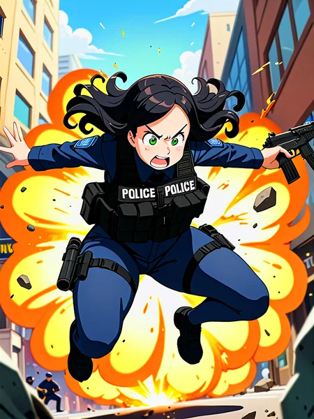 anime, illustration, best quality, (masterpiece:1.4), (high quality:1.4), sharp focus, 4k, absurd resolution, detailed hands, curly hair, long hair, (black hair:1.6), 1girl, mature female, (parted hair:1.7), (round face), (no_bangs:1.3), (no_fringe:1.6), <lora:ETO_OC_XL:0.7>, (thick eyebrows:0.9), (plump:0.8), round-chin, (greenish brown eyes), (brownish green eyes), caucasian, down-turned eyes, 1girl, (forehead:0.65), <lora:swat gear_xl:0.5> swat gear, weapon, gun, black uniform, police, rifle, street, officers, soldier, military, officer,  shooting, firing, screaming, explosion, jumping, chaos, debris,
