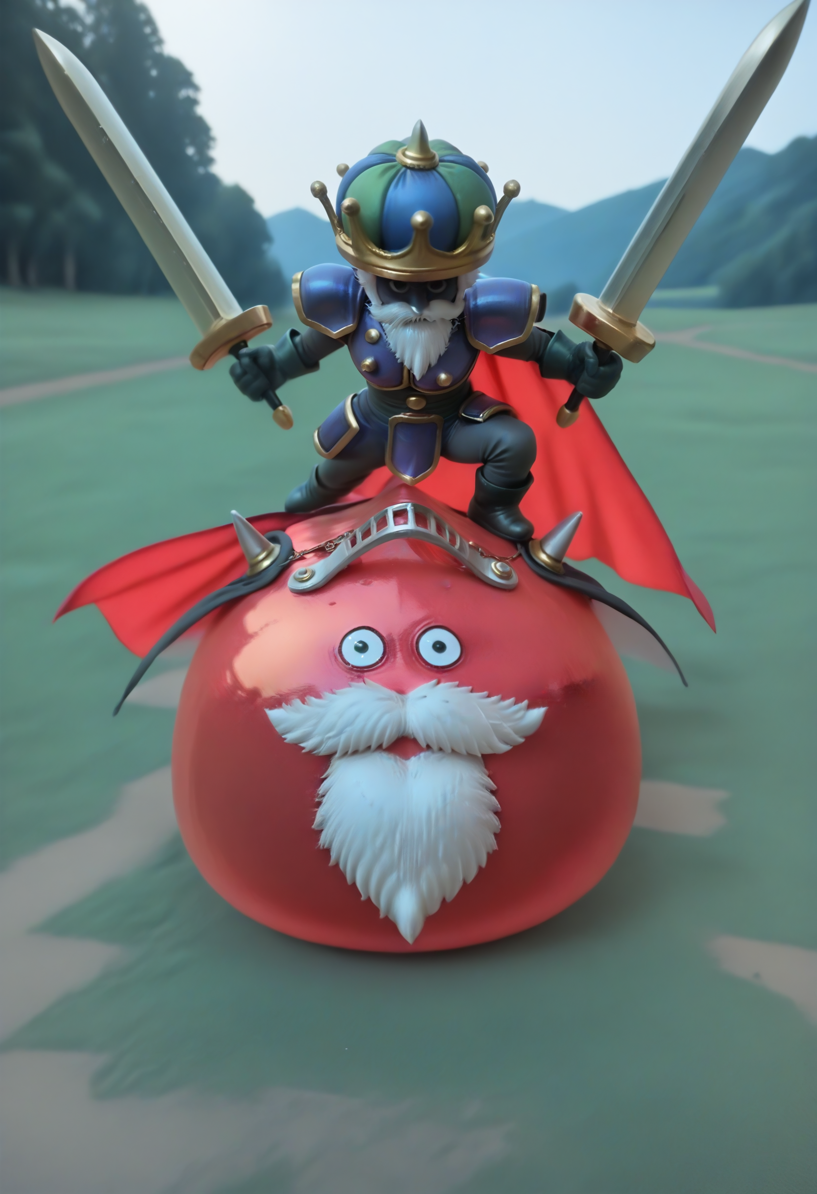 score_9,score_8_up,score_7_up,best quality,masterpiece,super detailed,extreme detailed,full_body,zPDXL BREAK (nature:1.1),(field:1.1),
<lora:Pony_DetailV2.0:1> BREAK shogum,slime (dragon quest),armor,beard,cape,crown,dual wielding,holding sword,no humans,riding,<lora:shogum-000028:1>,sketch,