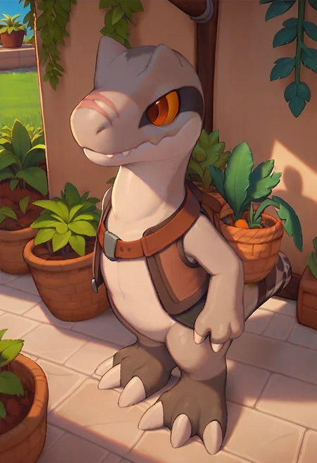 score_9_up, score_8_up, score_7_up, solo focus, full body, dynamic angle,
flint, male, allosaur, gray skin, orange eyes, 3 fingers, 3 toes, scars, vest, baskets with plants on the back, garden,