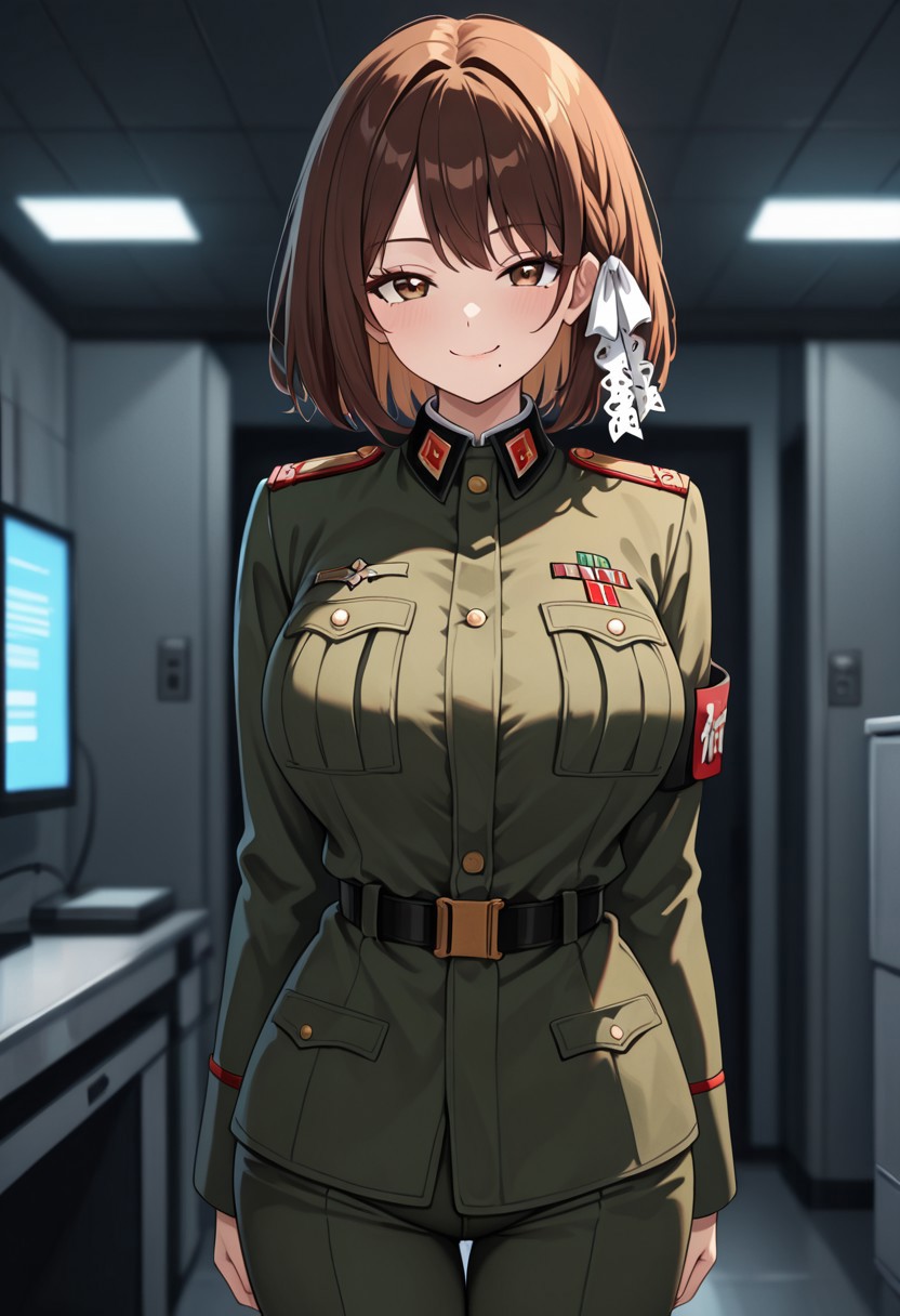 masterpiece, best quality, good quality, very aesthetic, absurdres, newest, 8K, depth of field,  in the style of cknc, artist:moriimee, in the style of cksc, 
1girl,kyouko_fujibayashi, short brown hair, brown eyes, mole under mouth, large breasts, military uniform, red accents, standing in command room, confident smirk, looking at viewer, from front
BREAK
military base, white consoles, screens glowing
BREAK
anime style, vibrant colors, high contrast, dynamic light, sharp outlines, rich details