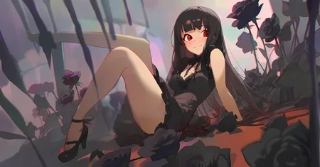 A girl surrounded by black roses, full body, scared, black long hair with blunt bangs, in black dress with frills and lace, smile with face blush, aesthetic, beautiful color, (amazing quality:1.5), by modare, by ask, by ikky, depth of field, chromatic aberration, black theme, perspective, amazing lighting and shadow