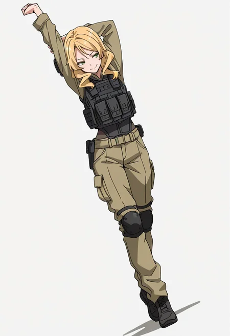 Smooth Quality,masterpiece,very intricate, high quality details, ultra realistic, high detailed skin,detailed enviorement,absurdres,
simple background, white background,
stretching pose, arms raised above head, one foot on tiptoe, slight back arch, elegant silhouette,  ,dutch angle,naughty face,
tactical vest,  ,coat, ,jogger pants,   ,
 <lora:Eren_cnn:0.8>erencnn, 1girl,long hair, blonde hair, green eyes,