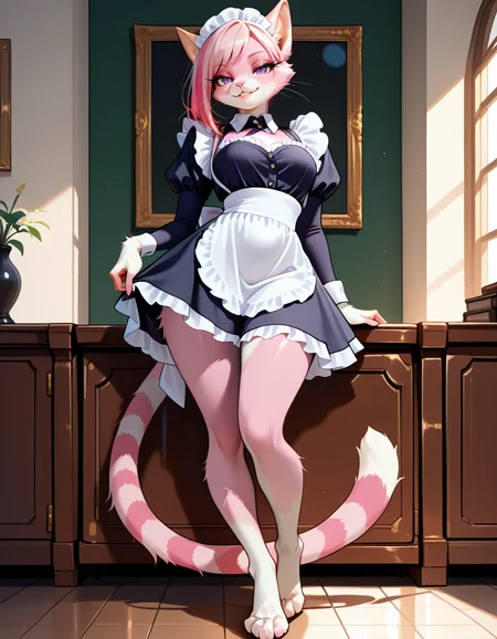 masterpiece, best quality, very aesthetic, absurdres,
indoors, maid,
full body, posing,
seductive smile, parted lips, long eyelashes,
<lora:CiviChan_v01_NAIXL:1>
CiviChan,1girl,solo,furry,furry female,cat girl,cat ears,short hair,pink hair,purple eyes,slit pupils,snout,animal nose,whiskers,body fur,striped tail,