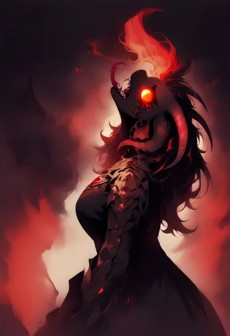 score_9, score_8_up, score_7_up, (4k quality, high resolution, additional details), arm0rs3nt1n3l? <lora:Dark_Aura_for_Pony:1> dark aura, 1 girl, female dragon, anthropomorphic dragon, bald, full body, in full growth, realistic anatomy, wearing black armor with a gold pattern, black demonic wings on his back, female, black scales, predatory fiery red eyes (detail), vertical pupil, narrow pupil, black tears, four black horns on the head, (medium breast, natural breast), scales in cracks, (head tilt), head tilted back, <lora:shaft_head_tilt-PD-1.0:1>, shaft head tilt, open mouth, abstract background, glowing eyes, fangs, grin, tongue out, snake tongue, gloomy colors, dark aura, horror