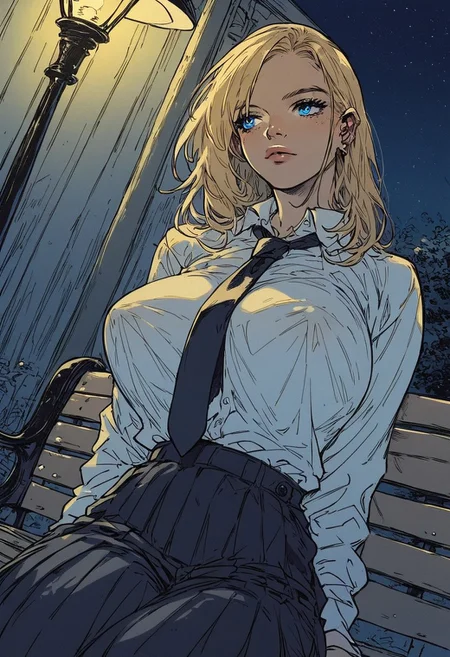 score_9, score_8_up, score_7_up, score_6_up, score_5_up, score_4_up, rating_explicit, source_western, Ellie Buckingham, ((Bright Blond hair)), Blond Hair, Blond Bright blue eyes. Very large breasts, torpedo breasts, humongous breasts Western Style Artwork. Bold Lines,
1 girl, sitting outside, on bench, street bench, night time, street lamp post, street lamp shining down, black pleated pants, ((white)) business shirt, tie, , looking away
flat color, dark theme
sinozick style
dutch angle
1dk