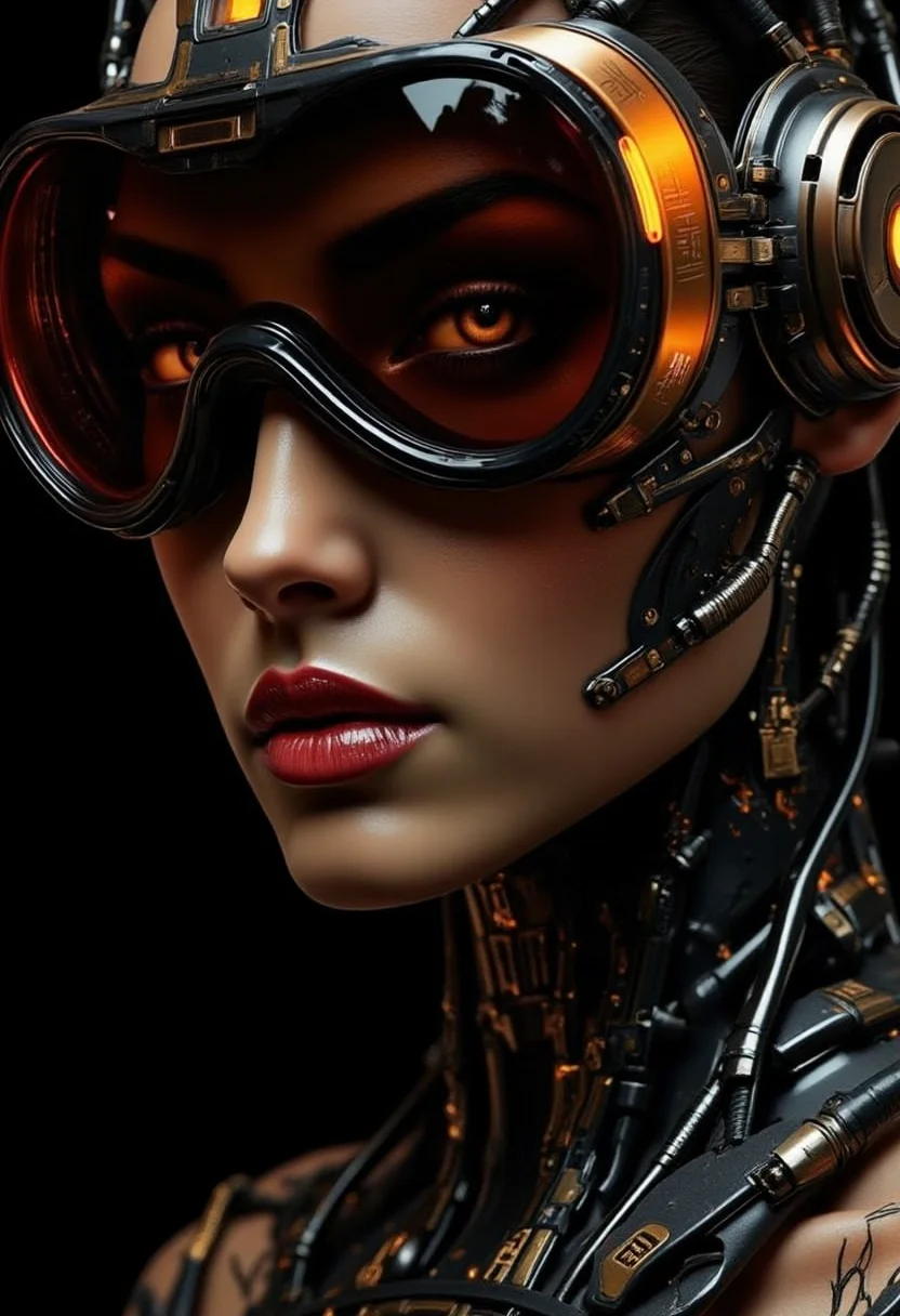 yfg-f@ce, A sensual close-up portrait of Cyborg Cleopatra, her timeless beauty immersed in a dark, dystopian palette of deep black and faded red-orange hues. Her full lips, painted in a glossy, blood-red tone, glisten seductively, slightly parted to reveal their captivating softness. Her almond-shaped eyes are framed by dramatic black kohl lines, extended into bold, feline flicks, barely visible beneath a futuristic visor resembling a sleek, dystopian ski goggle. The visor is crafted from matte black alloy, its edges faintly glowing in desaturated orange, casting fragmented light across her honey-toned skin, now tinged with the ashen hues of a decaying world. Her high cheekbones glint faintly with a metallic bronze sheen, merging into intricate cybernetic implants embedded along her temples and jawline. The implants, etched with ancient hieroglyphic patterns, pulse with a faint, ember-like glow, their light flickering as if struggling to stay alive. Beneath the visor, traces of smoldering orange eye shadow blend with her black kohl, creating a fiery yet muted contrast that echoes the dystopian atmosphere. Delicate, vein-like circuits etched in dark metal trace her face's contours, glowing dimly in molten orange as they harmonize with her natural beauty. The background fades into shadowy black, with only faint, diffuse orange light illuminating her regal features.