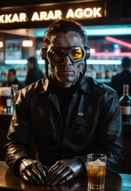 score_9, score_8_up, score_7_up, cyborg, ar3na1989, Kodak Motion Picture Film Style, alien long face, goggles, (neon gold light), bartender, (bokeh), sci-fi, dark atmosphere, moody, dark hair, aesthetic,