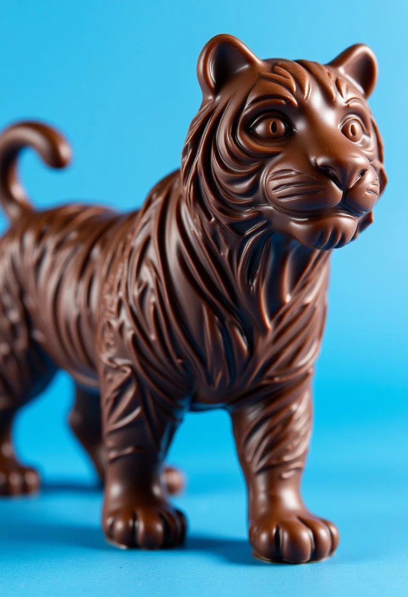chocolate style.  The image presents a close-up view of a chocolate anthro anthropomorphic tiger, meticulously crafted with attention to detail, which adds a touch of realism to the scene. The blue sky contrasts beautifully with the rich brown hue of the chocolate tiger.
The tiger itself is a delightful treat for the eyes. It has been made from what appears to be dark chocolate, giving it a glossy finish that enhances its visual appeal. The tiger's body and legs are clearly visible, while its tail is slightly less distinct. This gives the impression of a powerful creature poised in motion, ready to spring into action at any moment.
The background is blurred, ensuring that the focus remains solely on the chocolate tiger.. This effect creates a sense of depth and perspective, making the image appear even more lifelike and realistic. Overall, this image captures the essence of a chocolate tiger in an eye-catching and detailed manner.