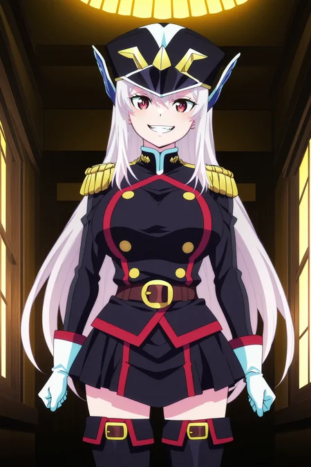 anime screencap, anime coloring, detailed face, masterpiece, best quality, very aesthetic, absurdres, volumetric lighting, official style, amazing quality, ultra detailed, highres, amazing quality, scenery, beautiful detailed hair, beautiful detailed eyes,
<lora:StS-Illustrious-Detail-Slider-v1.0:4>
in a room,
<lora:Kyouka_Uzen_and_Yuuki_Wakura_Chained_SoldierMato_Seihei_no_Slave:.8>
Kyouka Uzen (character), Kyouka demon defense force uniform outfit, 1girl, hat, shako cap, uniform, solo, military uniform, long hair, military, white hair, smile, red eyes, open mouth, hair between eyes, large breasts, belt, skirt, thighhighs, zettai ryouiki, white gloves, thigh boots,
 looking at the viewer, grinning, sadistic smile, teeth