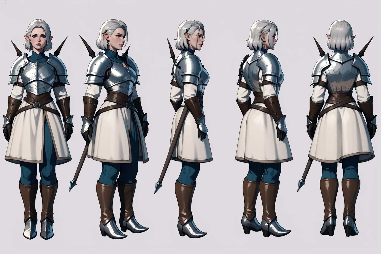 score_9, score_8_up, score_7_up, score_6_up, score_5_up, score_4_up,
(VIEWS:0), full body character turnaround of 1girl, Multiple views of the same character in the same outfit, simple background, white background,
(theme:0), medieval, fantasy, Dungeon And Dragon,
(rank:0), female warrior, fantasy armor, silver armor, intricate design, leather accents, fantasy character, full-body armor, armored boots, gauntlets, detailed texture, metal reflections,
<lora:bg3TurnXL_v1_pony:0.6>
<lora:Witcher3turn_v1_Pony:0.1>
<lora:medieval2turn_v1_Pony:0.1>
<lora:CharTurnXL_v4_Pony:0.1>
<lora:bg3TurnXL_v1:0.1>
<lora:Witcher3TurnXL_v1:0.1>
<lora:Medieval2TurnXL_v1:0.1>
<lora:CharTurnXLRetag_v4:0.1>