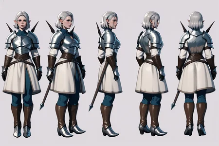 score_9, score_8_up, score_7_up, score_6_up, score_5_up, score_4_up,
(VIEWS:0), full body character turnaround of 1girl, Multiple views of the same character in the same outfit, simple background, white background,
(theme:0), medieval, fantasy, Dungeon And Dragon,
(rank:0), female warrior, fantasy armor, silver armor, intricate design, leather accents, fantasy character, full-body armor, armored boots, gauntlets, detailed texture, metal reflections,
<lora:bg3TurnXL_v1_pony:0.6>
<lora:Witcher3turn_v1_Pony:0.1>
<lora:medieval2turn_v1_Pony:0.1>
<lora:CharTurnXL_v4_Pony:0.1>
<lora:bg3TurnXL_v1:0.1>
<lora:Witcher3TurnXL_v1:0.1>
<lora:Medieval2TurnXL_v1:0.1>
<lora:CharTurnXLRetag_v4:0.1>