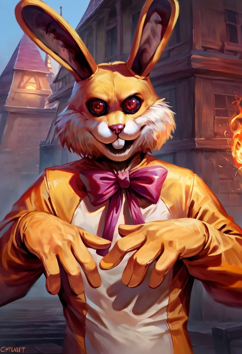score_9, score_8_up, score_7_up, ((luckytherabbit)), source_furry, head shot, looking at viewer, solo, (yellow fur, rabbit costume), (masterpiece, best quality:1.2), (perfect hands, perfect anatomy), (detailed face, detailed body), purple bow, black sclera, red eyes, glowing, beautiful eyes, male, correct eyes, solo, concept art, realistic