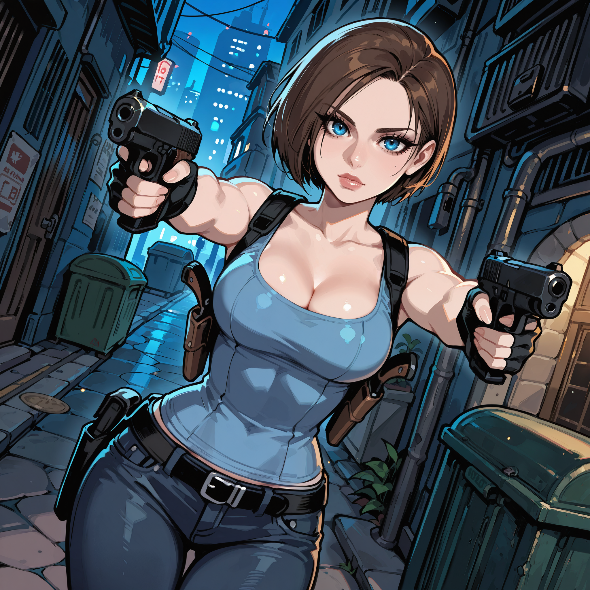 masterpiece, best quality,

dynamic angle, sexy pose, hands on pistol,

BREAK

perfect character, perfect hands, perfect fingers, detailed character, detailed face, detailed eyes, detailed eyelashes, detailed lips, 

1girl, jill valentine from resident evil, caucasian girl, fair skin color, brown hair color, medium length hair, blue eye color,

fit body, almond shaped eyes, long eyelashes, thick lips, round medium breasts, small narrow waist, wide hips,

BREAK

blue tank top, cleavage, black leather shoulder holsters, dark blue denim jeans, black fingerless gloves,

BREAK

detailed background, detailed scenery, outdoors, modern city, alleyway, in a dark alleyway, garbage:0.6, dumpster:0.6, nighttime, dark,