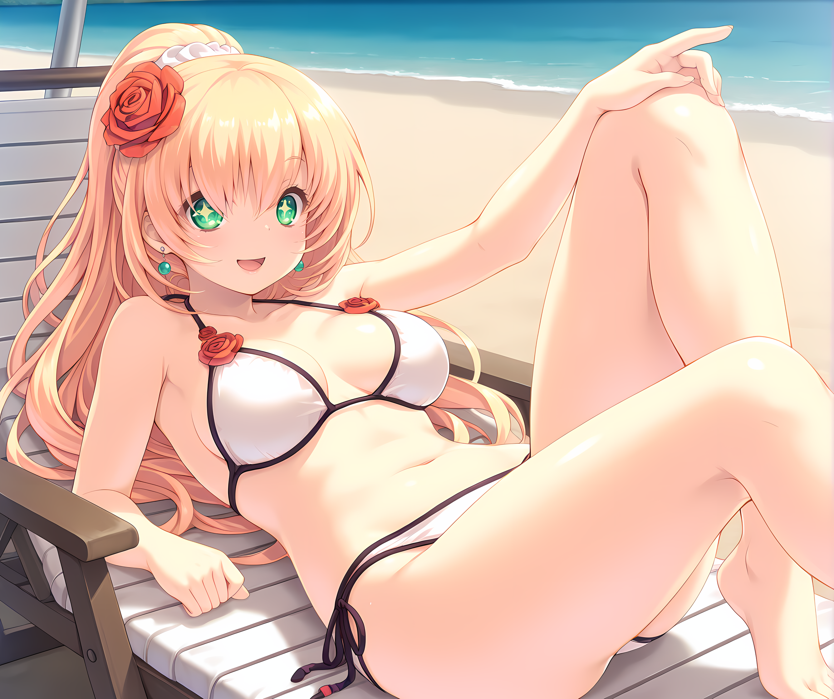 <lora:Alicia_Close_ã¢ãªã·ã¢ã¯ã­ã¼ãº_-_Escude_-_Relord:0.9>,solo,aliclose,blonde hair,long hair,green eyes,+_+,medium breasts,rose,hair over one eye,beach chair,ocean,beach,relaxing,knee up,bikini,hair flower,ponytail,hair scrunchie,earrings,lips,:D,, masterpiece,best quality,amazing quality, very aesthetic, absurdres,detailed eyes,ultra-detailed,