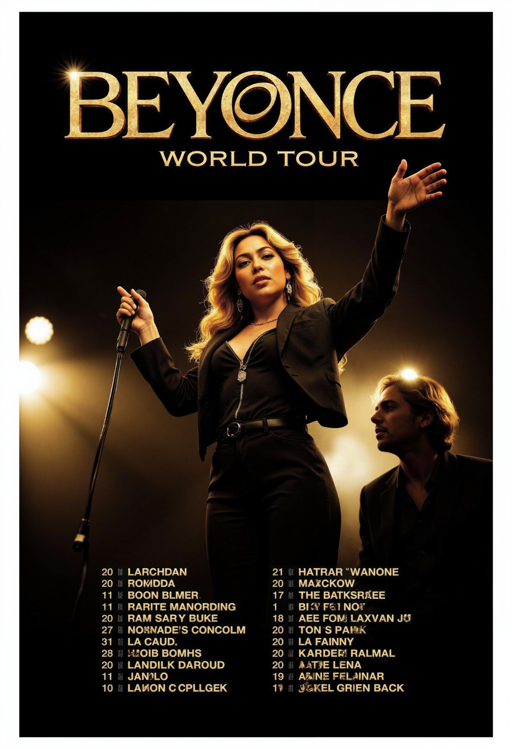 allposter, Create a powerful, glamorous poster for BeyoncÃ©âs world tour. The central image should show her in a dynamic, regal pose, wearing an iconic outfit with dramatic lighting that highlights her confidence. Use a sleek, metallic effect for her name, 'BEYONCÃ,' in large, bold letters at the top, with the tour name below in a complementary font. The color scheme should be rich, with gold, black, and white tones to convey sophistication and power. List the tour dates and locations at the bottom in a clean, stylish font, making the poster visually striking and iconic<lora:Flux.1_Turbo_Detailer.safetensors:0.75:0.75> <lora:FLUX_All_Posters.safetensors:0.7000000000000001:0.7000000000000001>