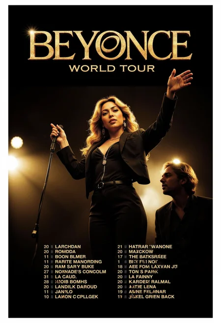 allposter, Create a powerful, glamorous poster for Beyoncéâs world tour. The central image should show her in a dynamic, regal pose, wearing an iconic outfit with dramatic lighting that highlights her confidence. Use a sleek, metallic effect for her name, 'BEYONCÃ,' in large, bold letters at the top, with the tour name below in a complementary font. The color scheme should be rich, with gold, black, and white tones to convey sophistication and power. List the tour dates and locations at the bottom in a clean, stylish font, making the poster visually striking and iconic<lora:Flux.1_Turbo_Detailer.safetensors:0.75:0.75> <lora:FLUX_All_Posters.safetensors:0.7000000000000001:0.7000000000000001>