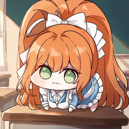 score_9, score_8_up, score_7_up, solo, <lora:Doro_X_PDXL_V1:1> doro, creature, chibi, :3, <lora:ChisaDR-pdxl:0.9> chiDR, orange hair, long hair, high ponytail, hair ribbon, white ribbon, green eyes, collared shirt, white shirt, blue dress, frilled apron, classroom, desk