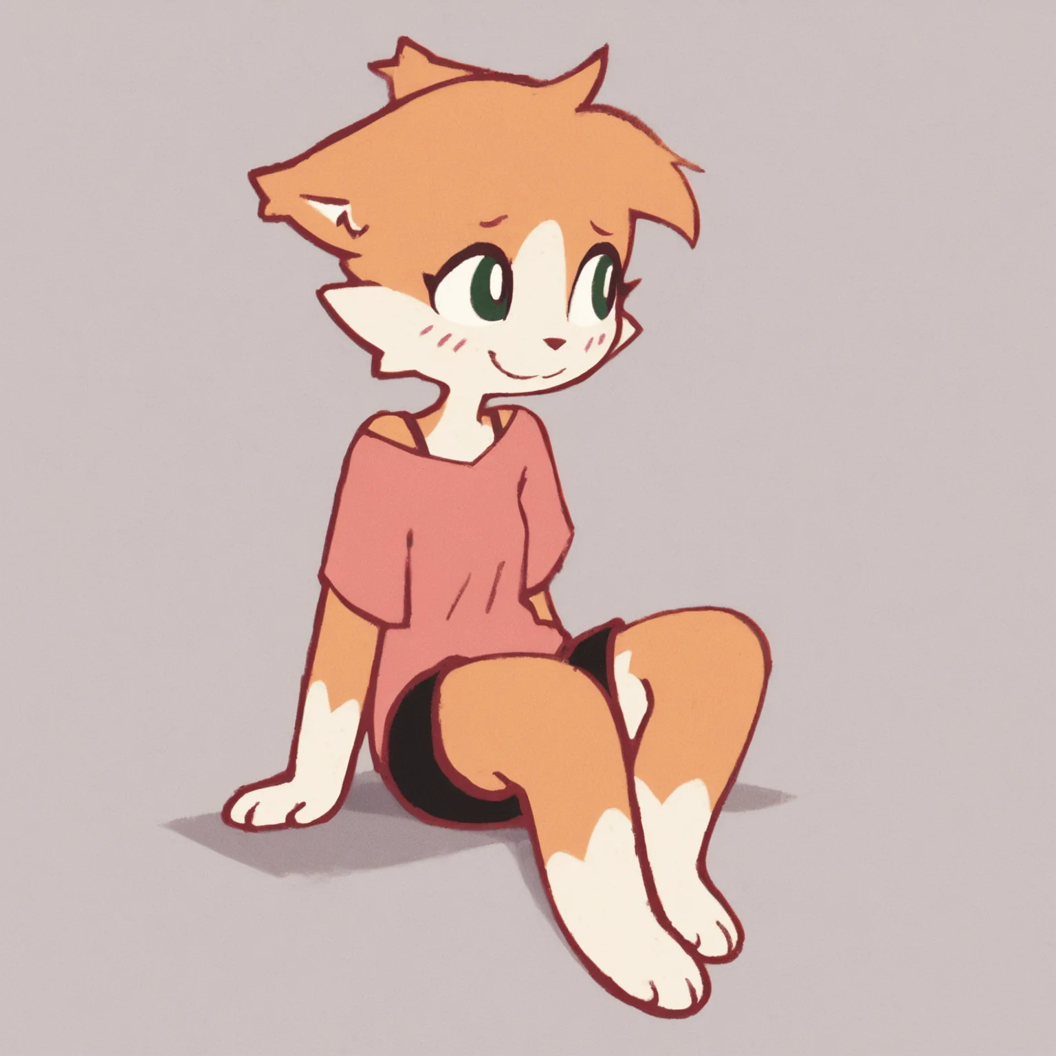 score_9, score_8_up
<lora:rolo-PONY:0.8> rolo, solo, female, simple background, sitting, nervous smile, full body, pink shirt, shorts, bra strap, looking away