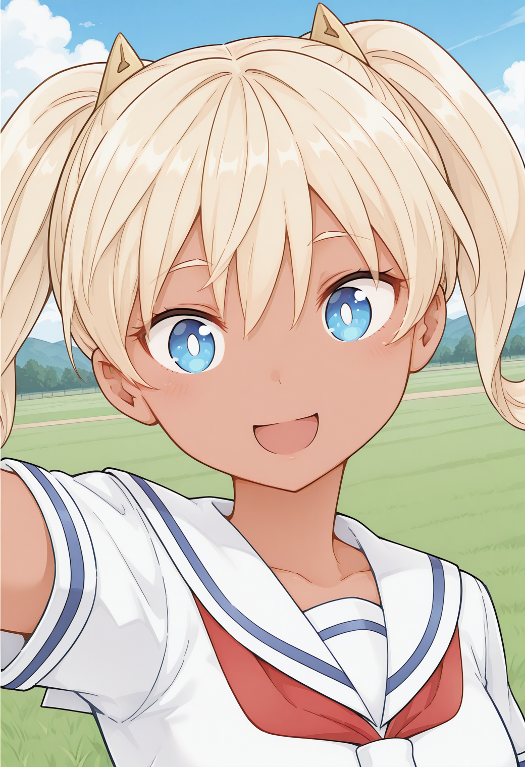 saotome_kanon, bright pupils, white pupils, blue eyes, blonde hair, twintails, dark-skinned female, dark skin, school uniform, serafuku, red neckerchief, white sailor collar, short sleeves, <lora:saotome_kanon_illustrious_ver2:0.8> 
smile,, masterpiece, best quality, very aesthetic, absurdres, general,, 1girl, solo, blue sky, (grasslands:1.2), looking at viewer,, (upper body:1.2), (close-up:1.2), (facing viewer:1.2), (open eyes:1.4), (portrait:1.2)
