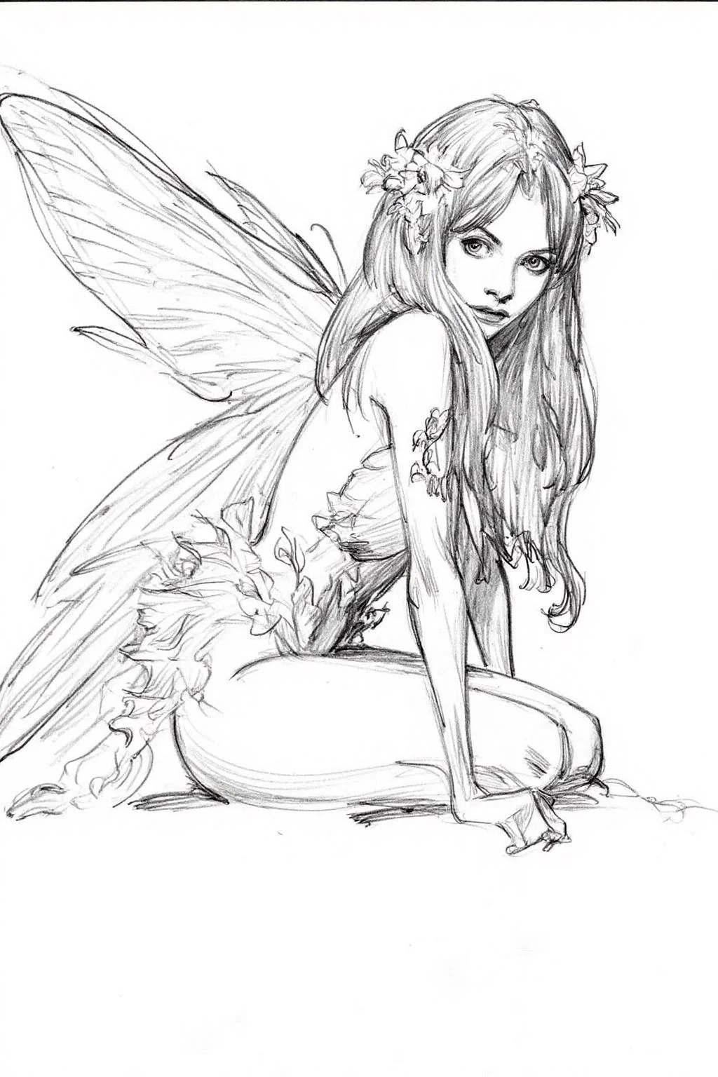 Pencil sketch.
A fairy, shown in side profile, sitting on the ground. She has long, flowing hair adorned with flowers and is wearing a leafy outfit. Her wings are large and detailed. She is turning her head slightly to look at the viewer. Her hands are resting on the ground. <lora:iainmccaig1_cap_d8a4e12:1.0><lora:864326095158164329:0>