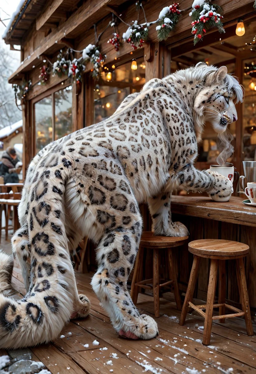 ((rear view)), (feral snow leopard male with a (((tuft of short gray hair:1.2))), blue eyes, enjoying a cup of coffee at a cafe), long fluffy tail, looking over shoulder, fluffy paws, snow leopard tail, pink nose, digitigrade, detailed paws, realistic paws, thick, fluffy, athletic, muscular, pawpads, cafe, coffee shop, espresso, winter, cozy, warm lighting, score_9_up, score_8_up, score_7_up, score_6_up, score_5_up, score_4_up, hair on feral, (cozy cafe background), detailed background, ral-fluff