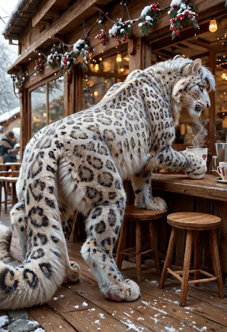((rear view)), (feral snow leopard male with a (((tuft of short gray hair:1.2))), blue eyes, enjoying a cup of coffee at a cafe), long fluffy tail, looking over shoulder, fluffy paws, snow leopard tail, pink nose, digitigrade, detailed paws, realistic paws, thick, fluffy, athletic, muscular, pawpads, cafe, coffee shop, espresso, winter, cozy, warm lighting, score_9_up, score_8_up, score_7_up, score_6_up, score_5_up, score_4_up, hair on feral, (cozy cafe background), detailed background, ral-fluff