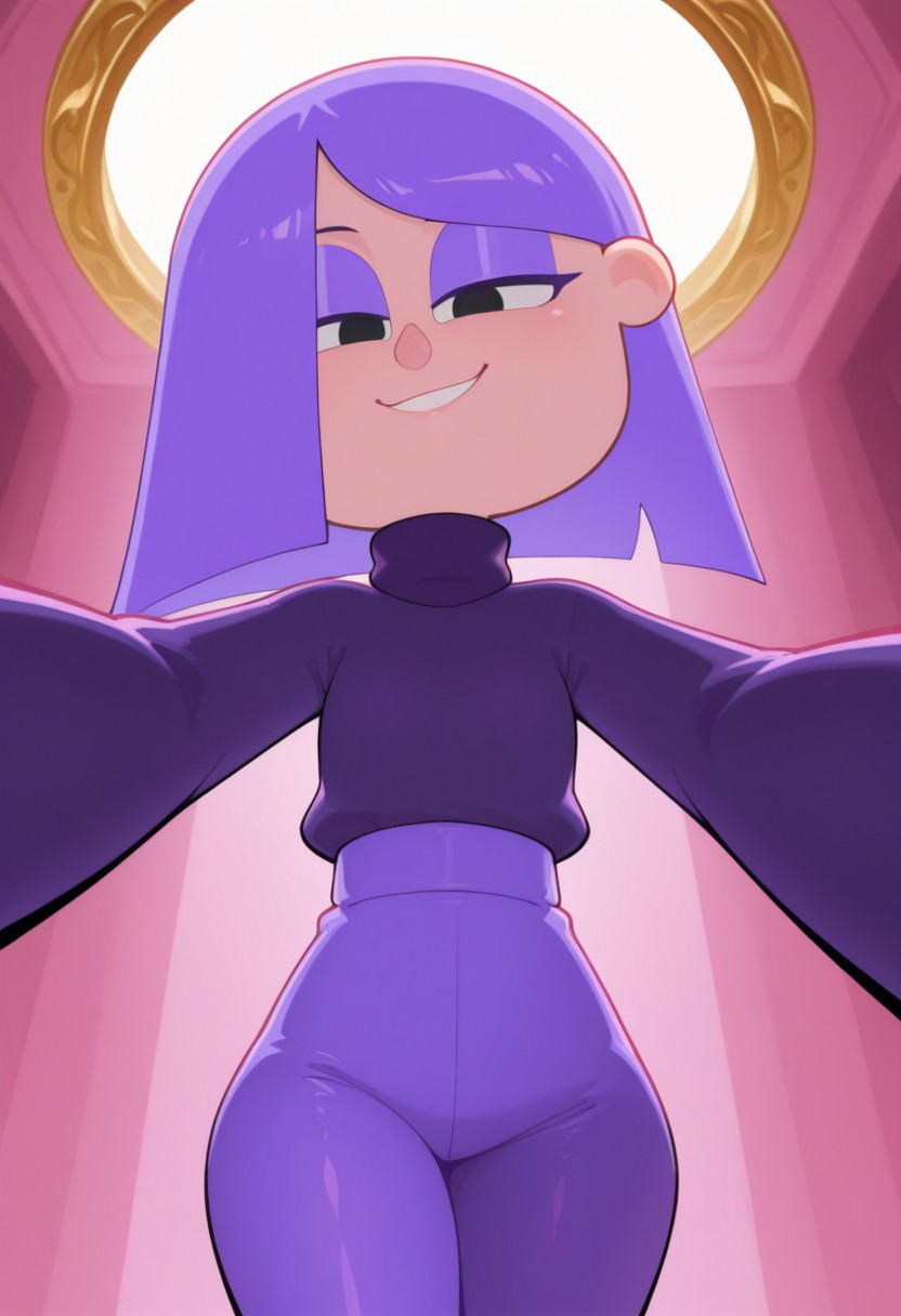 lilyduolingoILL, 1girl, solo,  purple hair, black eyes, short hair, long sleeves, dark purple sweater, turtleneck, purple eyeshadow, purple nails, make up,  medium hair, bangs, purple pants, hair, purple eyeliner,      masterpiece, best quality, newest, absurdres, highres,  amazing quality, 4k, good lighting,  high resolution,   dynamic angle, foreshortening, eyes half closed, seductive smile, glossy skin,