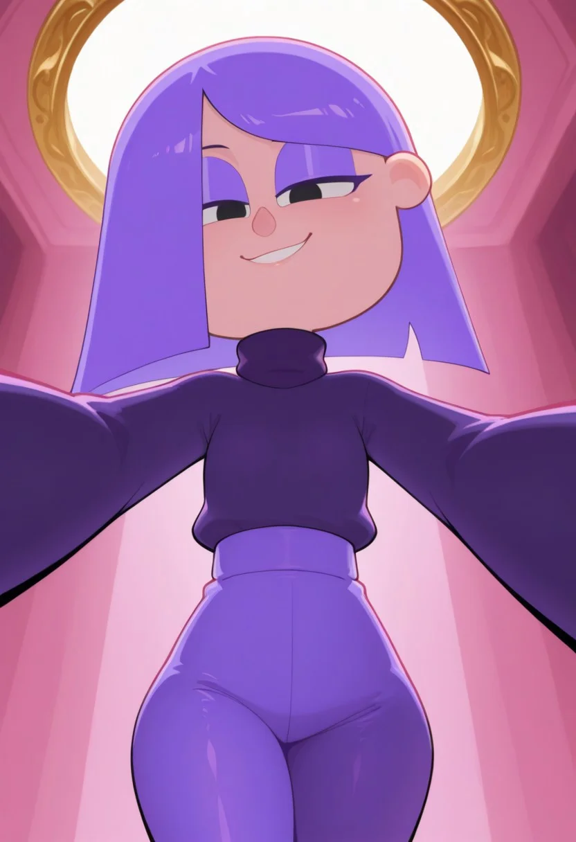 lilyduolingoILL, 1girl, solo, purple hair, black eyes, short hair, long sleeves, dark purple sweater, turtleneck, purple eyeshadow, purple nails, make up, medium hair, bangs, purple pants, hair, purple eyeliner, masterpiece, best quality, newest, absurdres, highres, amazing quality, 4k, good lighting, high resolution, dynamic angle, foreshortening, eyes half closed, seductive smile, glossy skin,