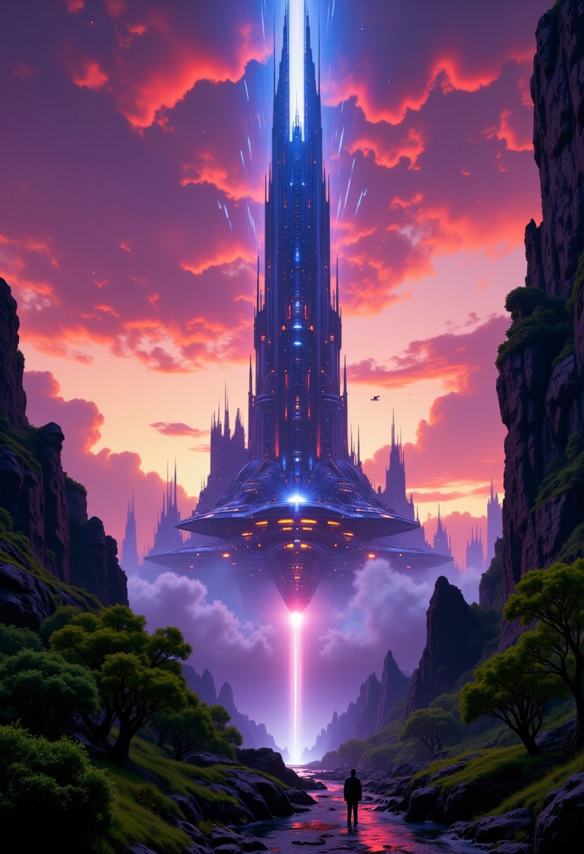 highest details, ultra hyper realism. highly detailed and realistic. intricate and highly professional artwork, an absolute masterpiece.
The image is a highly detailed, CGI-rendered digital artwork depicting a fantastical, futuristic cityscape. The scene is set in a surreal, otherworldly environment with a vibrant, gradient sky transitioning from deep purples and blues at the top to warm oranges and pinks near the horizon, suggesting a dramatic sunset or sunrise. The sky is filled with numerous meteors streaking downwards, adding to the fantastical atmosphere. A colossal, towering structure resembling a giant spaceship or megastructure dominates the center of the image. This structure, covered in intricate, glowing blue and white lights, is surrounded by a swirling vortex of mist or clouds. The structure's base is embedded in a mountainous landscape, with smaller, jagged peaks and valleys stretching out beneath it. In the foreground, lush, green trees with gnarled, ancient trunks and dense foliage are visible, adding a touch of natural contrast to the futuristic elements.
Bright Red hue and Pastel Purple tint, dramatic lighting