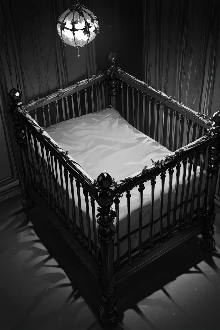realistic shading, dim lighting, grayscale theme, horror (theme), dacrib, christmas-crib focus, dacrib_christmas ornaments, no humans, gloomy, indoors, dark environment, fantasy, dutch angle, dynamic angle, intricately detailed illustration, masterpiece, best quality, amazing quality, very aesthetic, absurdres, newest