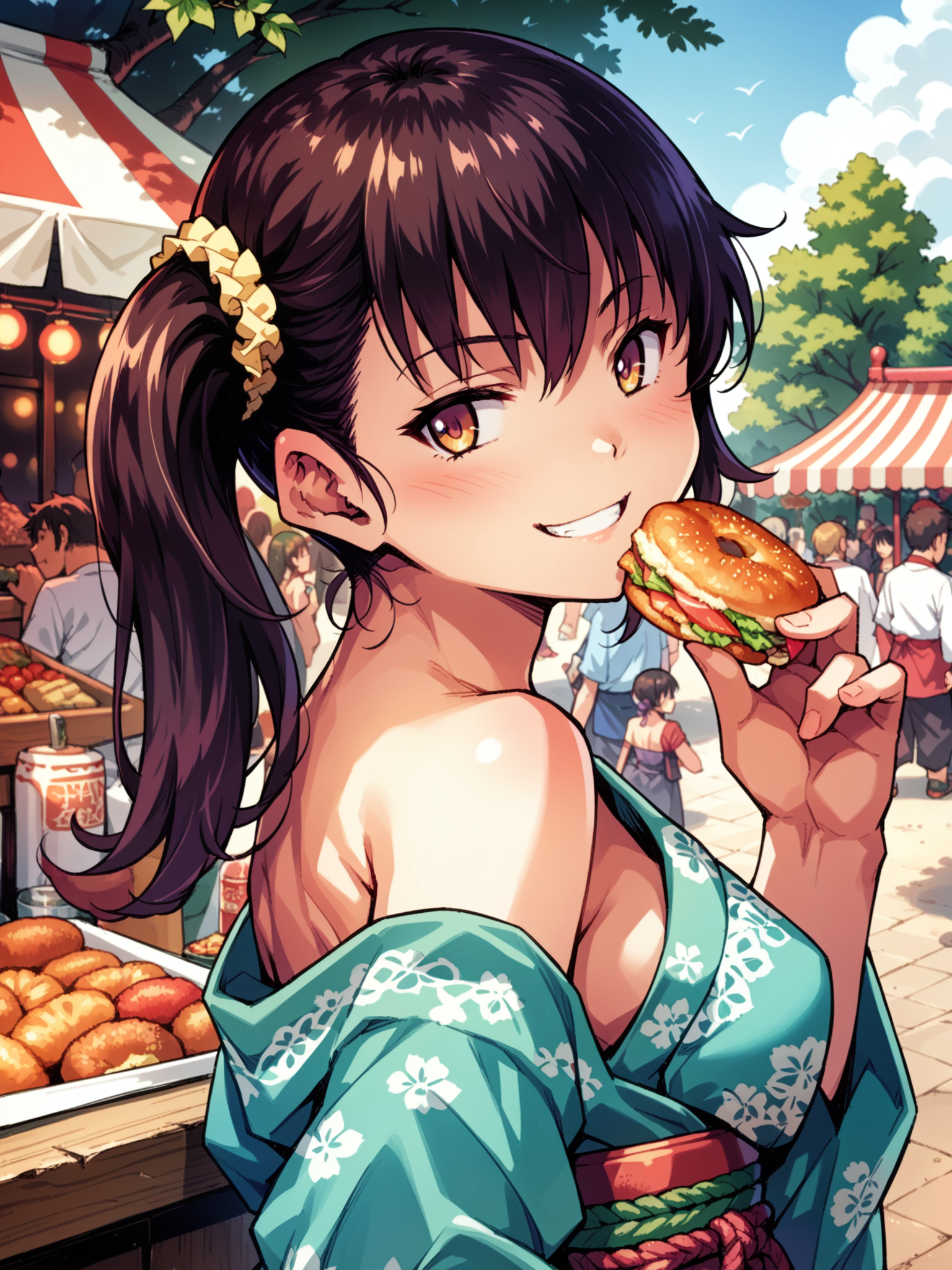 (cowboy shot, solo focus:1.1) <lora:happy_tentacle-risa-v0.3-000030:1>, ht_risa, side ponytail, hair scrunchie, medium breasts, (petite:1.2), <lora:Shed_The_Skin's StS_age_slider_v1_initial_release:-1.3> ( :1.1) ( , , (doyagao :1.2) , seductive smile , looking back :1.1) , outdoors, vegetation, (overgrown :1.1), , (dawn :0.6), (cloudy sky:0.6) , (:0.5), , ( :0.8), (festival, food stand:1.2), crowd, tree, (traditional clothes:1.2) ( :0.8) score_9, score_8_up, score_7_up, score_6_up, score_5_up, score_4_up, ( [(realistic, photorealistic:1.3):(realistic:1.2):16] [(3d:1.2)::14] :1) <lora:LUUNA's Lunas-NijiJourney-SDXL-B2:0.2>, nijijourney <lora:prgfrg23's Counterfeit-V3.0 Style SDXL_LoRA_Pony Diffusion V6 XL:0.35> <lora:mfcg's mfcgXL:0.12> <lora:reweik's gyokai(himehajime)_PonyXL_style_v01:0.14>